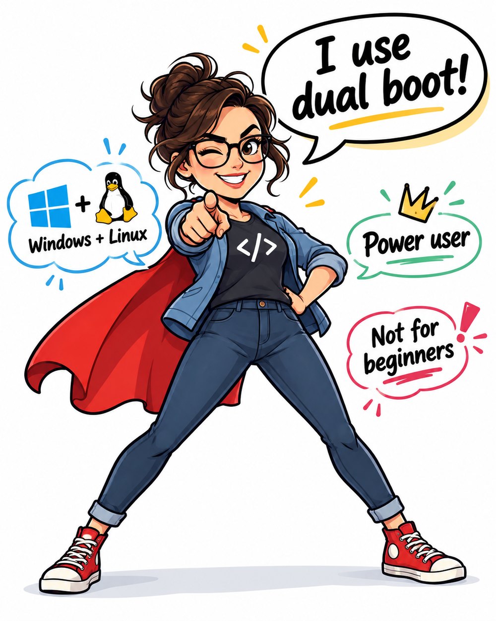 Cartoon of a smiling woman in a red cape pointing at the viewer, saying I use dual boot, with labels Windows plus Linux, Power user, and Not for beginners