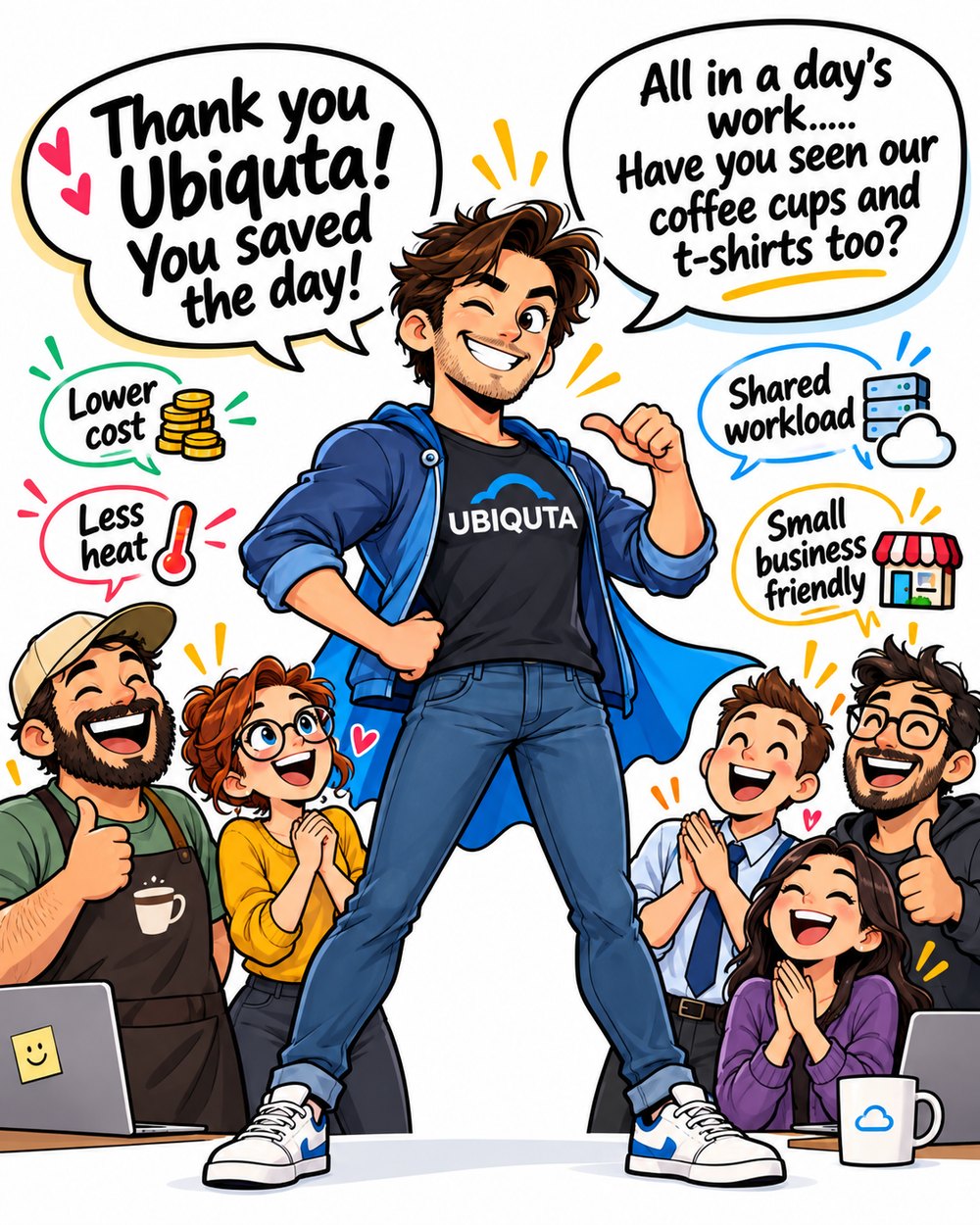 Cartoon of a smiling man in a blue cape and an Ubiquta shirt surrounded by cheering small business owners, with labels Lower cost, Less heat, Shared workload, and Small business friendly