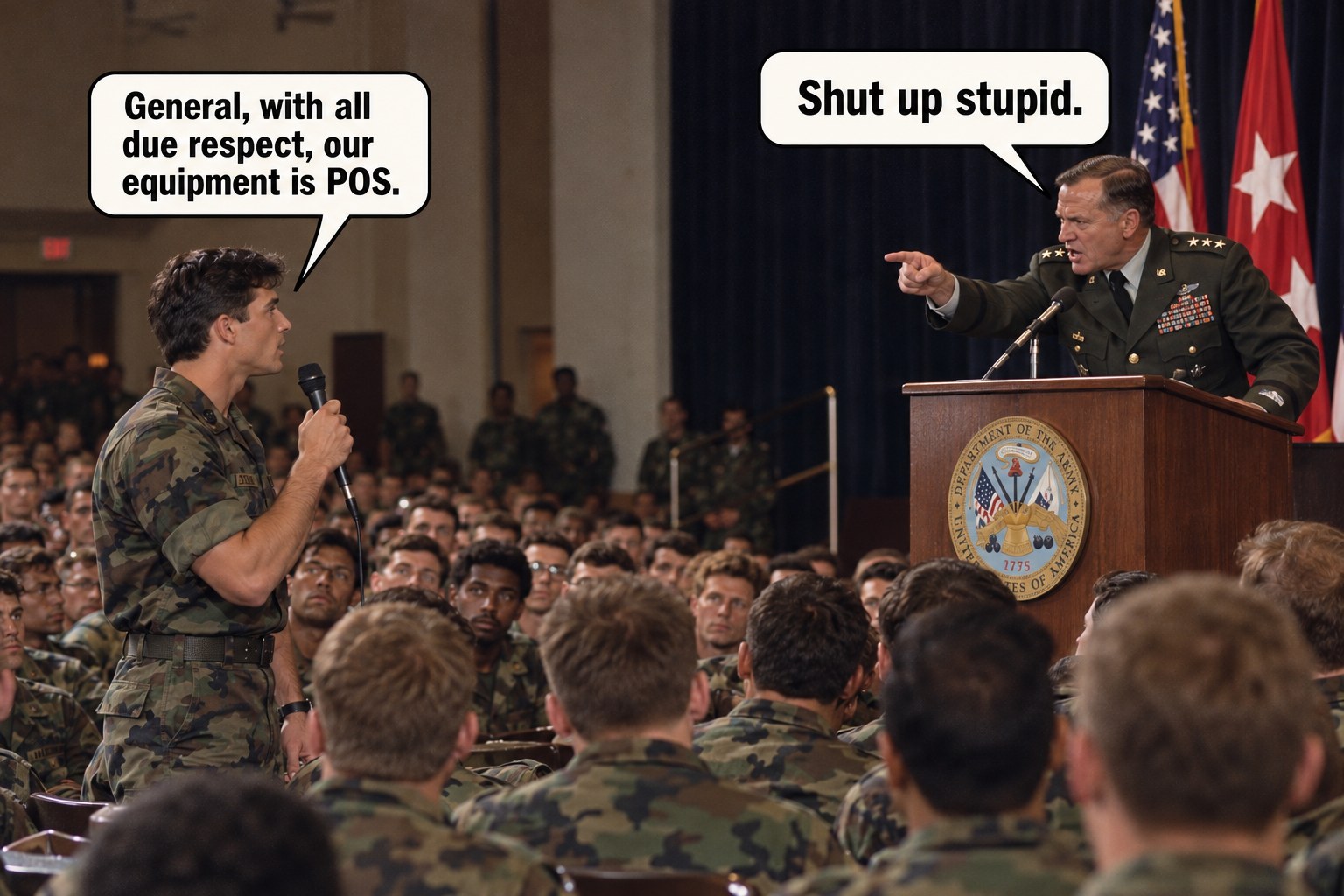 Humorous illustration of a soldier at a microphone talking to a general at a podium in an auditorium full of soldiers