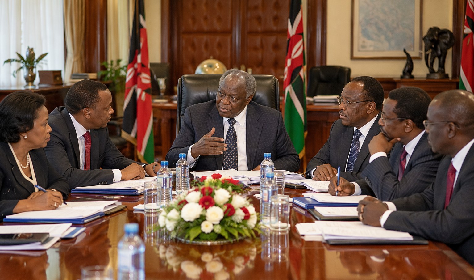 Illustration of a meeting of the IDP resettlement committee chaired by the President of Kenya, seated around a long table in a wood-paneled office with Kenyan flags