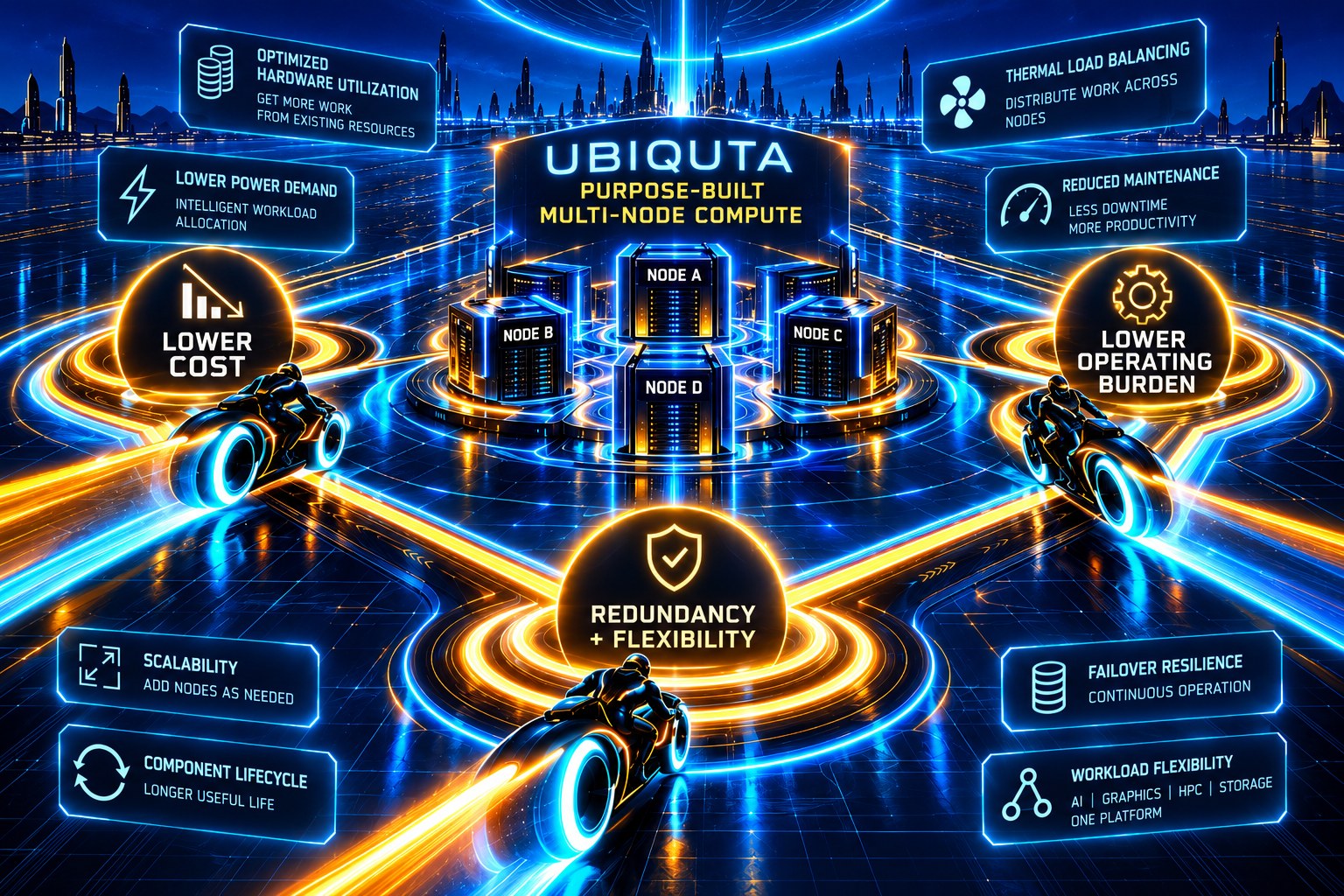 Illustration of Ubiquta purpose-built multi-node compute: four nodes at the center, with lower cost, lower operating burden, and redundancy and flexibility as the outcomes