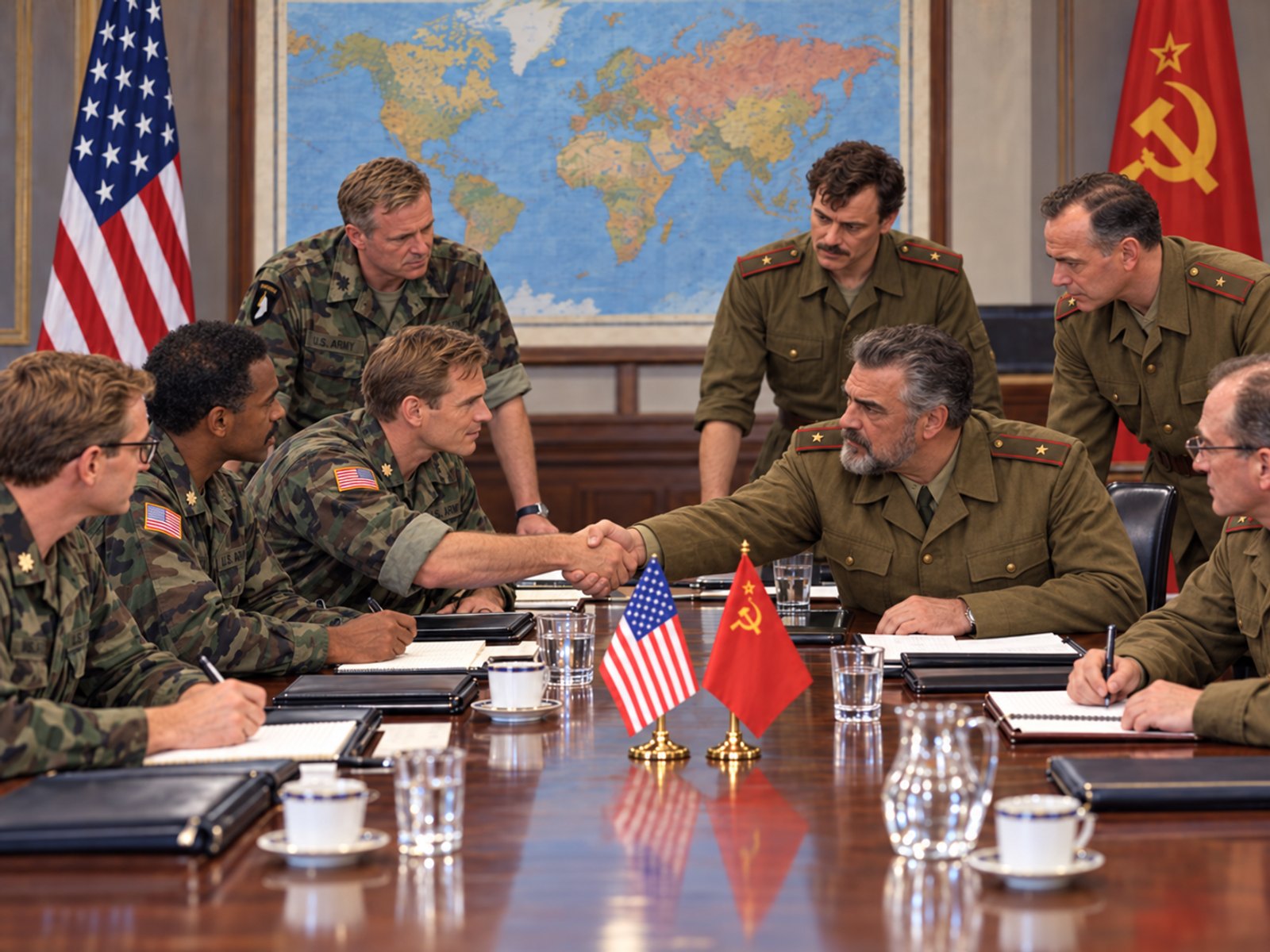 Illustration of American and Soviet military officers shaking hands across a conference table, with small flags of both countries on the table and a world map behind them